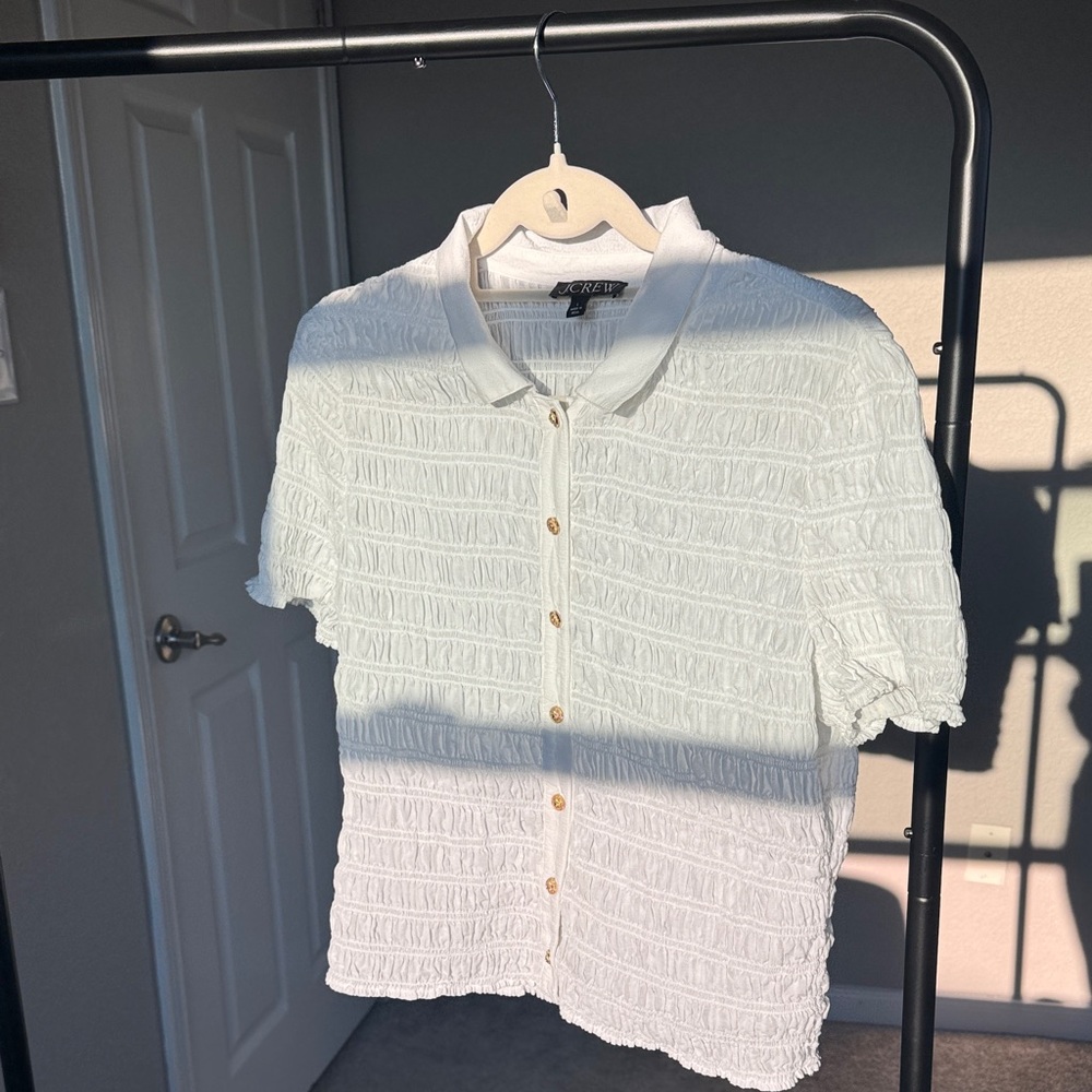 J. Crew White Textured Button Up Blouse with Gold Buttons